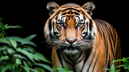 Naklejka premium Majestic tiger stalking through dense jungle wildlife photography close-up natural habitat captivating viewpoint