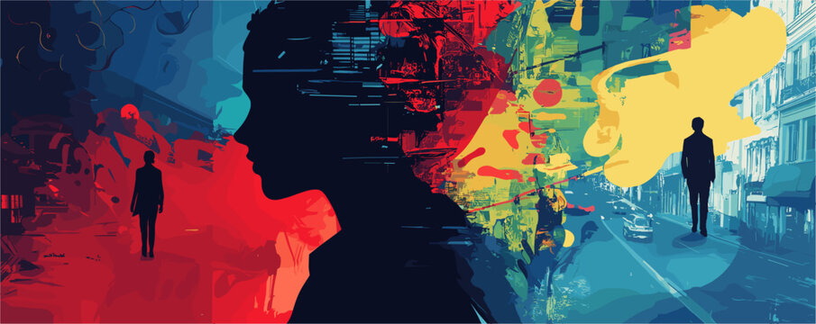 Silhouetted figures in vibrant abstract urban landscape – vector.