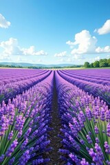 Naklejka premium Vibrant lavender field under clear blue sky, countryside landscape, lavender, countryside, flower