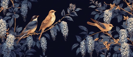 Wisteria Birds Butterflies Dragonfly Floral Pattern Vintage Botanical Illustration