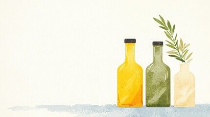 Obraz premium Olive Oil Bottles Watercolor Painting, Three olive oil bottles with rosemary sprig.