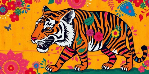 Vibrant Madhubani tiger, textured background, colorful folk art ,  jungle, cultural