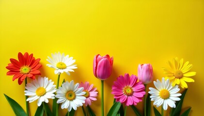 Fototapeta premium Vibrant mix of daisies, tulips, and daffodils on sunny yellow backdrop, nature, patterns, spring