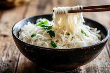 Serving Rice Noodles with Chopsticks on Wooden Table for Lunch