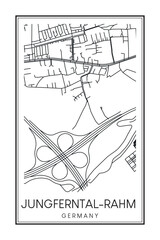 Hand drawn printable downtown road map poster of borough JUNGFERNTAL-RAHM of the German city of DORTMUND on solid white background with city name