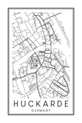 Hand drawn printable downtown road map poster of borough HUCKARDE of the German city of DORTMUND on solid white background with city name