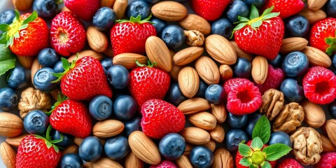 Vibrant mix of strawberries, blueberries, raspberries, almonds & walnuts, naturally arranged, colorful food, brown