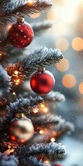 Close-up of a beautifully decorated Christmas tree with red and gold ornaments glowing lights and snow-dusted branches in a festive winter atmosphere