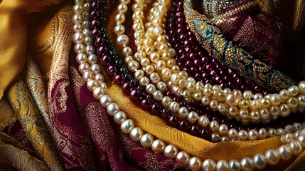 Obraz premium Elegant display of colorful pearls and luxurious fabric in harmony