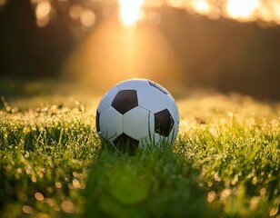 Obraz premium a classic soccer ball sits on lush dewy grass while sunlight sparkles and creates a vibrant fresh atmosphere in the morning