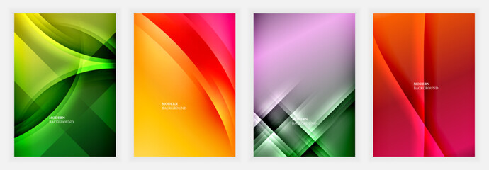 Fototapeta premium Set of four abstract posters with vibrant color gradients including green, yellow, purple, and red, featuring curved and diagonal shapes in glossy layered compositions