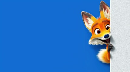 Obraz premium Playful fox peeking from wall animated character bright blue background whimsical environment close-up view fun concept