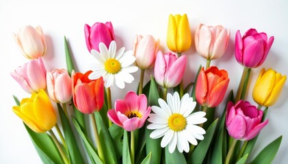 Naklejka premium Vibrant spring bouquet with tulips, daisies, and roses on a white background, bouquet, daisies, colorful