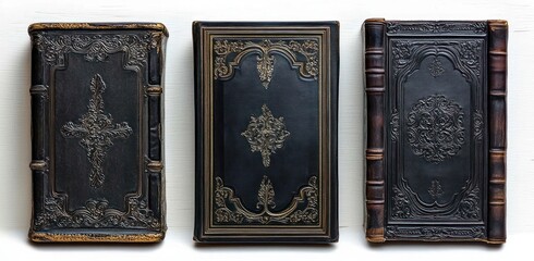 Fototapeta premium Antique Black Leather-Bound Books with Embossed Patterns Vintage Collection on White Background