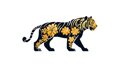Elegant Floral Tiger Design Black and Gold Animal Illustration