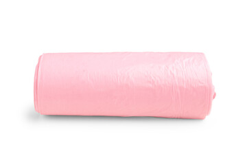 Pink roll of garbage bag isolated on white background