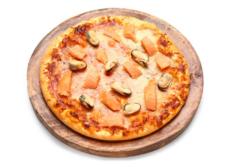 Plate with tasty seafood pizza isolated on white background