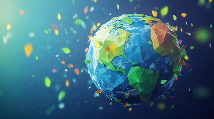 ​Global Sustainability Concept with Floating Leaves and Geometric Earth. High-Resolution Symmetrical Art in Soft Light and Motion Effect.