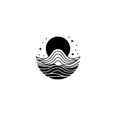 Minimalist Night Sky Landscape Illustration: Moon, Waves, & Stars