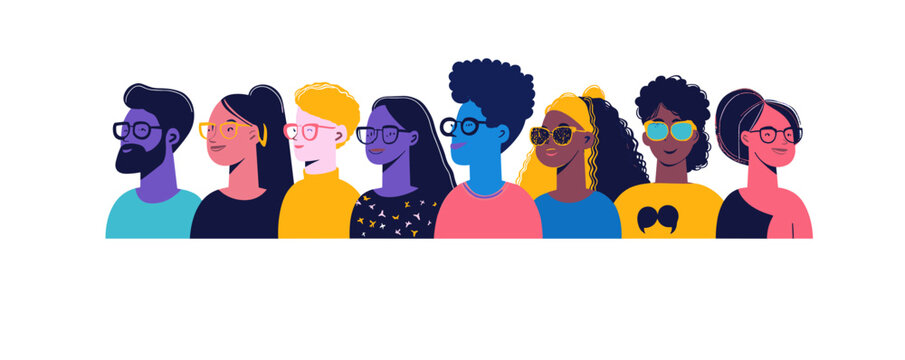 Diverse group of stylish people wearing glasses in a row, minimalist design - vector.