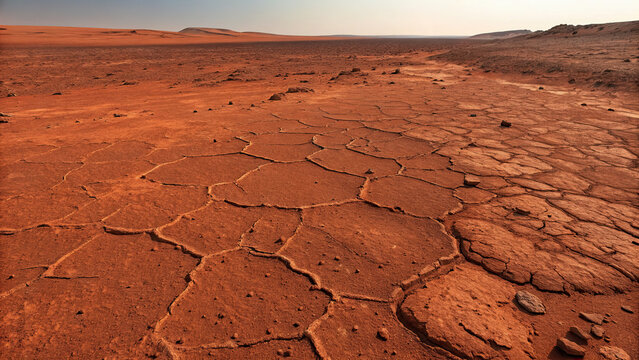 Hyper-realistic digital drawing of a cracked, dry desert landscape. Suitable for science fiction, environmental concepts and backgrounds.