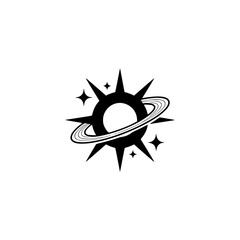 Celestial Sunburst Logo: Minimalist Space Icon, Starry Design, Black and White