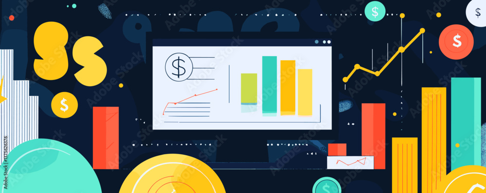 Poster colorful financial data dashboard with graphs and charts on dark background - vector.
