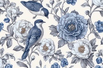 Vintage Floral Pattern with Peonies and Birds, Monochrome Botanical Illustration, Seamless Design