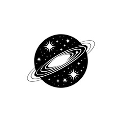 Black & White Space Icon: Planetary Design, Stars, Silhouette