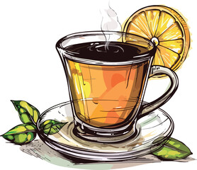 cup, illustration, food, drink, vector, drawing, lemon, tea, isolated, fresh, healthy, organic, beverage, leaf, natural, herbal, green, drawn, citrus, hot, yellow, background, teapot, set, design, 