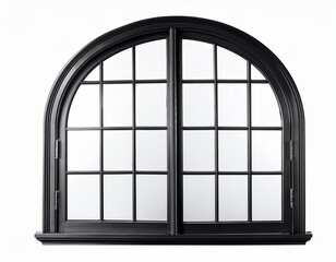 elegant black arched window with fanlight multiple panes isolated white background