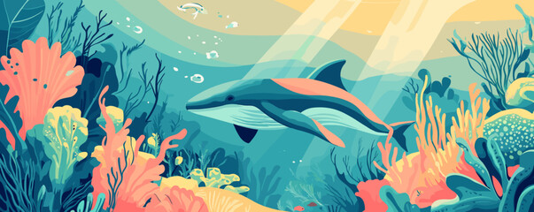 Fototapeta premium Colorful underwater scene with whale and coral reefs in ocean - vector.