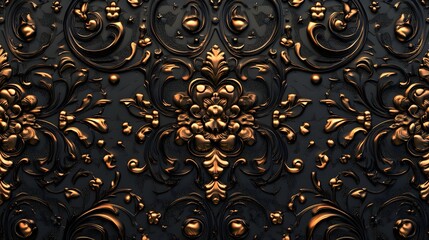 Vintage embossed tile texture with baroque gold and black background