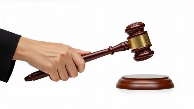 Judge's gavel striking wooden block in courtroom sequence for legal proceedings