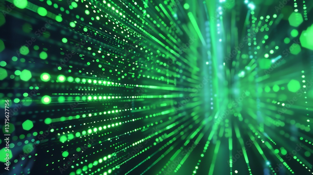 Aufkleber 3d rendering of abstract glowing green dots and lines moving in perspective. futuristic technology o