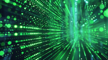3D rendering of abstract glowing green dots and lines moving in perspective. Futuristic technology or digital data transfer concept.