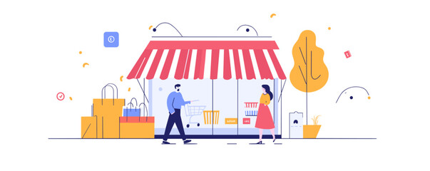 Busy supermarket scene with customers shopping outside store - vector.