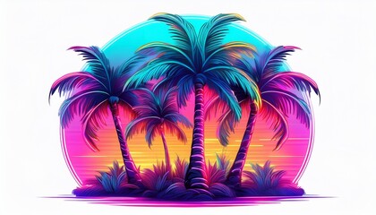 neon sign palm trees vibrant tropical illumination isolated on white or white background