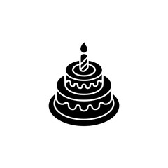 Black and White Birthday Cake Icon with Candle, Minimalist Design