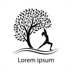 A yoga logo with a tree and a person doing yoga