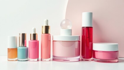 Luxury cosmetic products arranged on white background, lotion, bottle, shadow