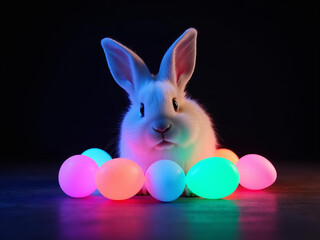 An Easter bunny is surrounded by Easter eggs
