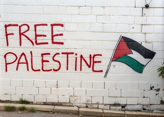 "Free Palestine" Painted on Cracked Wall with Palestinian Flag. Graffiti on a weathered wall advocating for a free Palestine.