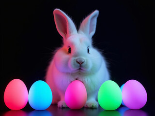An Easter bunny is surrounded by Easter eggs