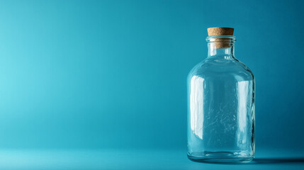 Simpleza y estilo: la botella transparente, coronada por un tapón de corcho natural, se convierte en el protagonista de este fondo azul, ideal para transmitir autenticidad y elegancia.