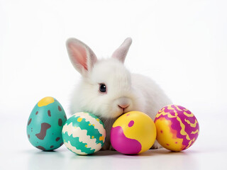 An Easter bunny is surrounded by Easter eggs