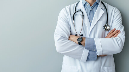 Doctor in White Coat Standing With Arms Crossed, Ready to Provide Healthcare Services in a Clinical Setting