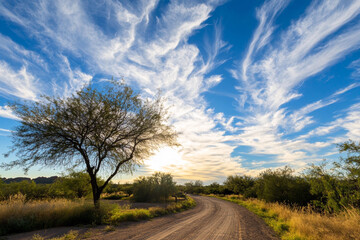 Starry sky over quiet desert landscape with winding road and silhouette of trees at dusk