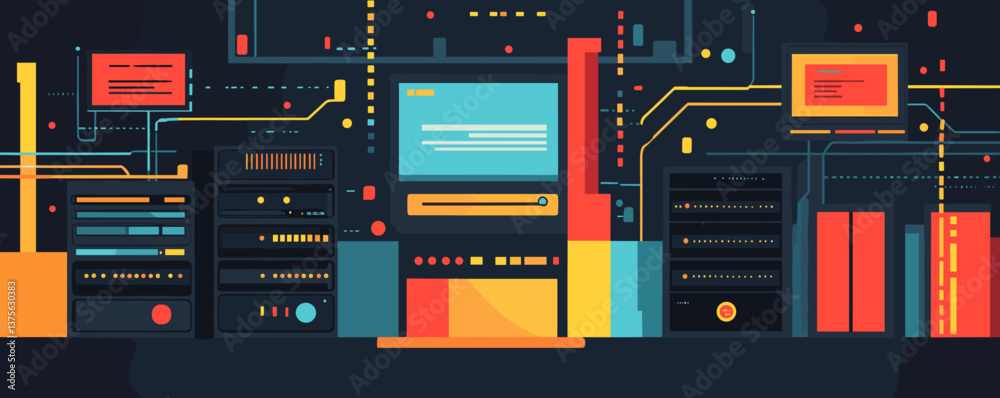 Poster futuristic data center with servers and digital interfaces in a tech layout, vector.