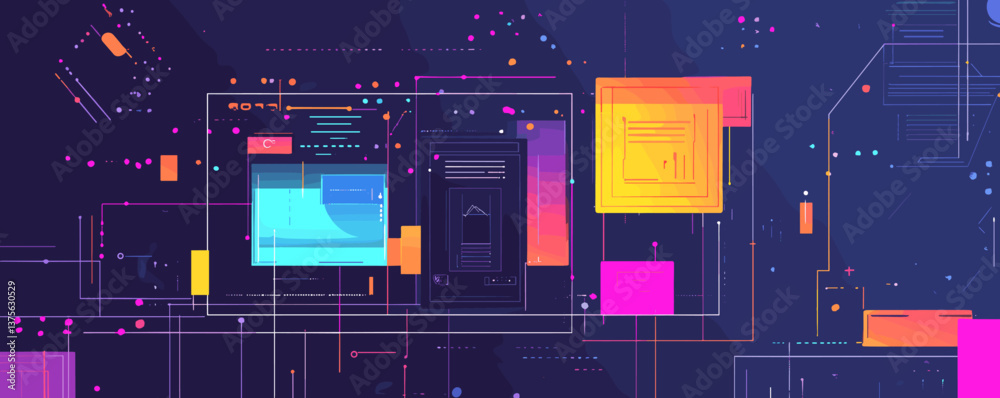 Poster abstract digital interface with geometric shapes and circuit lines, futuristic technology design - v